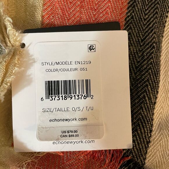 Echo New York Scarf Wrap NWT  brown with coral, dark brown, and cream stripes - Picture 2 of 4